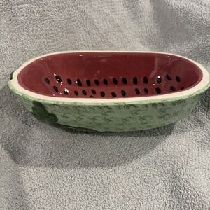 Vintage Glazed Ceramic Pottery 14" Watermelon Shaped Serving Bowl